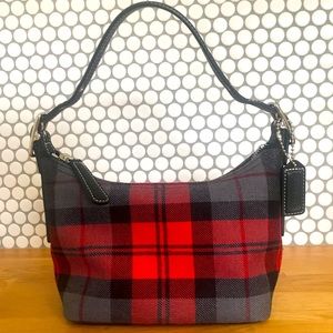 Adorable! Coach red grey plaid soft 💯% wool small handbag